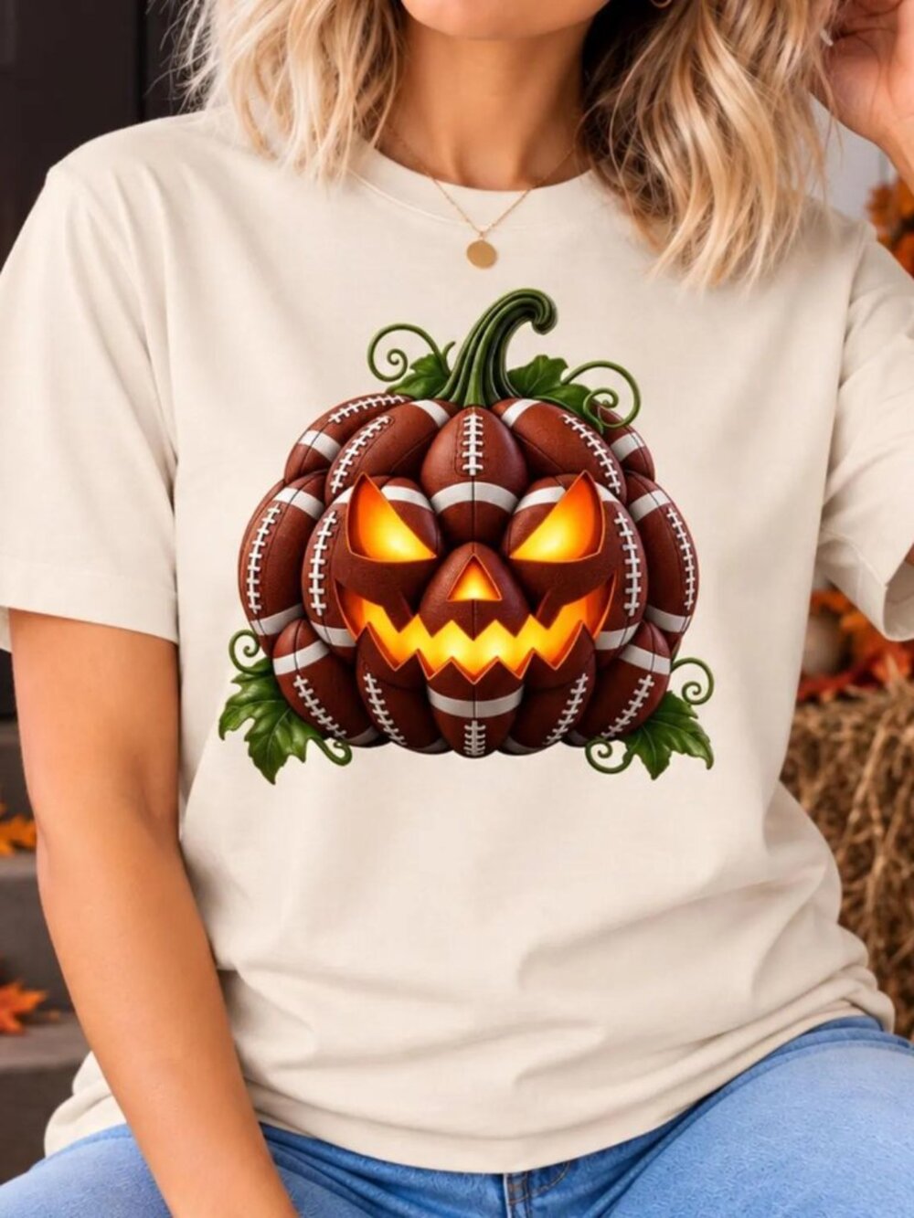 Halloween Shirt, Football Pumpkin Graphic Tee Spooky Fall Shirt, Autumn Shirt